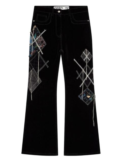 argyle-patched bootcut trousers