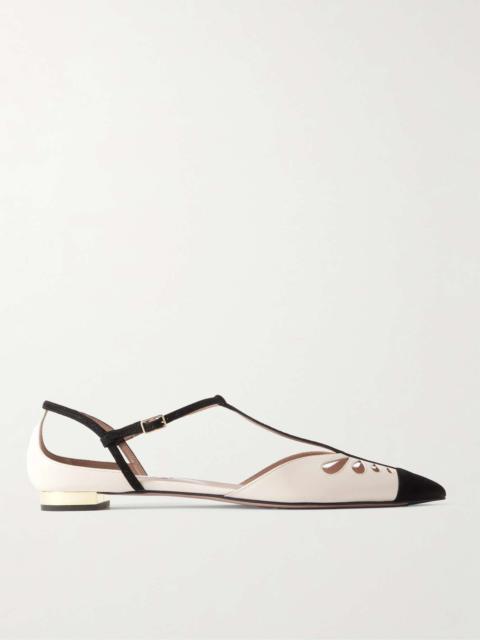 Camille suede-trimmed cutout leather point-toe flats Cream