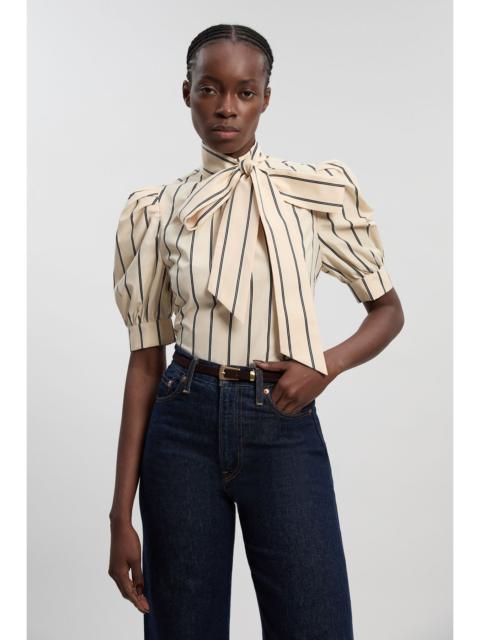Mono Stripe Cotton Poplin Pussy Bow Puff Sleeve Woven Blouse