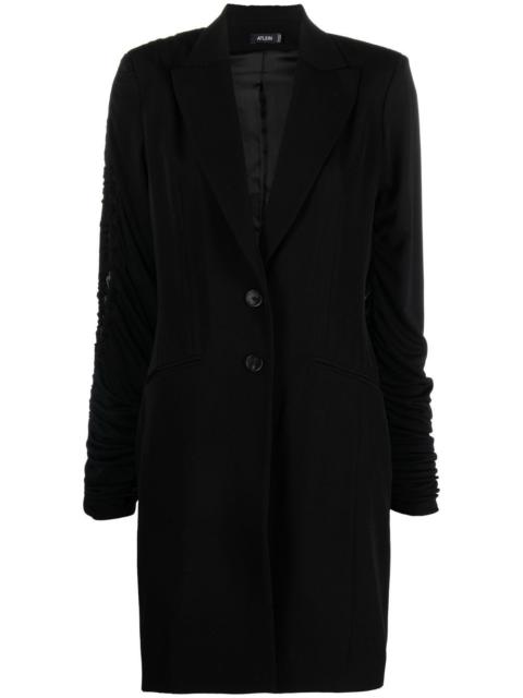 ruched-sleeve wool blazer dress