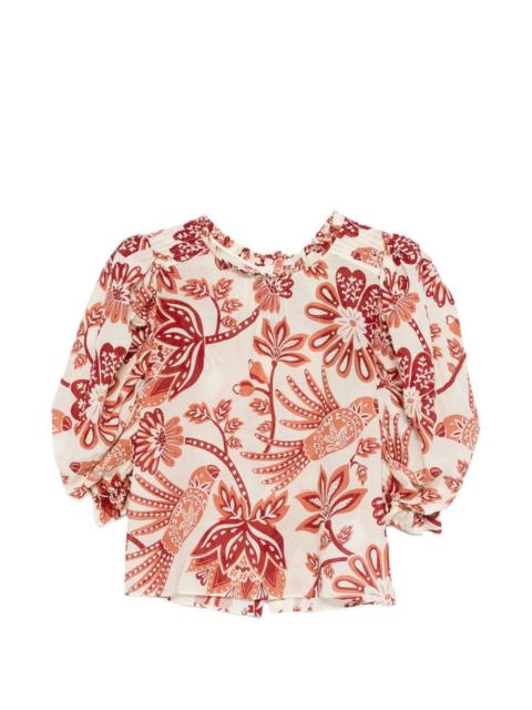 ruffled-neck floral-print blouse
