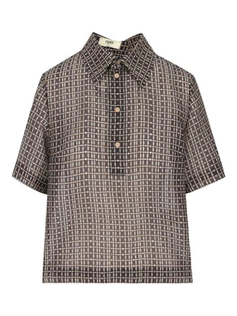 grid-pattern polo top