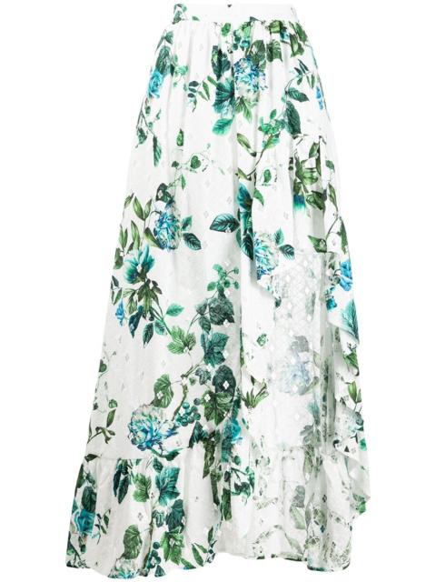 asymmetric ruffled floral print skirt