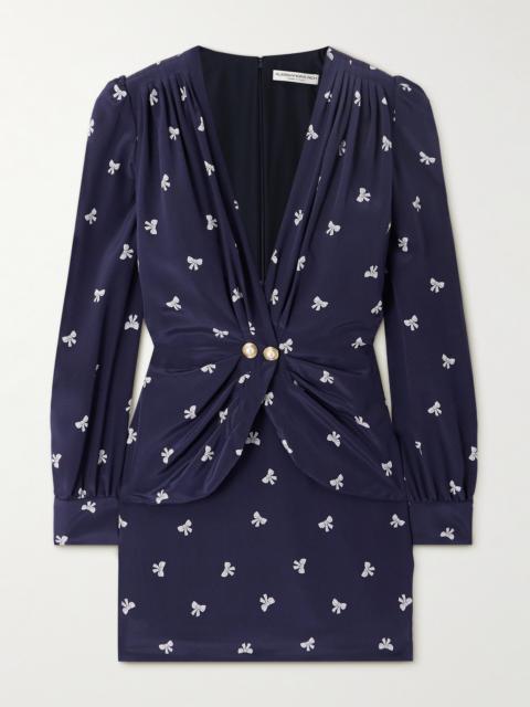 Wrap-effect Embellished Pleated Printed Silk Crepe De Chine Mini Dress