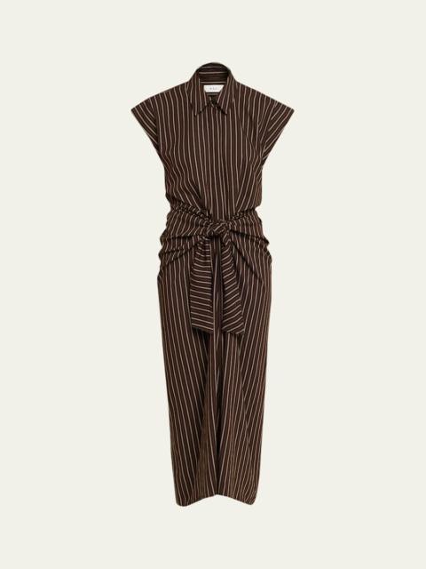 Emilia Pinstripe Draped Tie-Waist Shirtdress