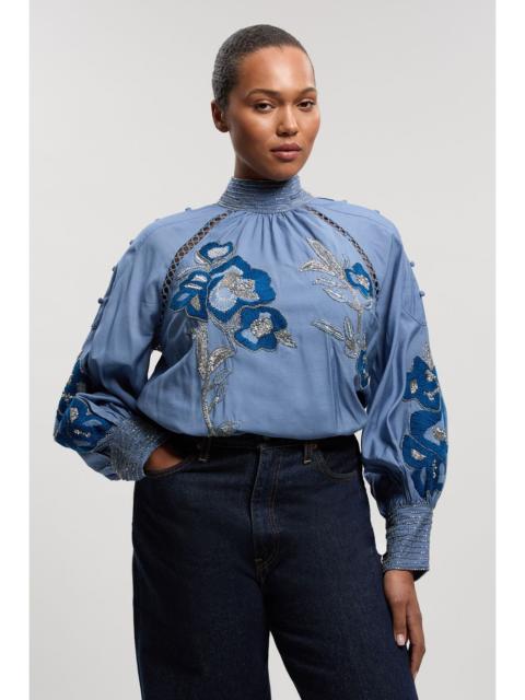 Plus Size Balloon Sleeve Embroidered And Beaded Woven Blouse