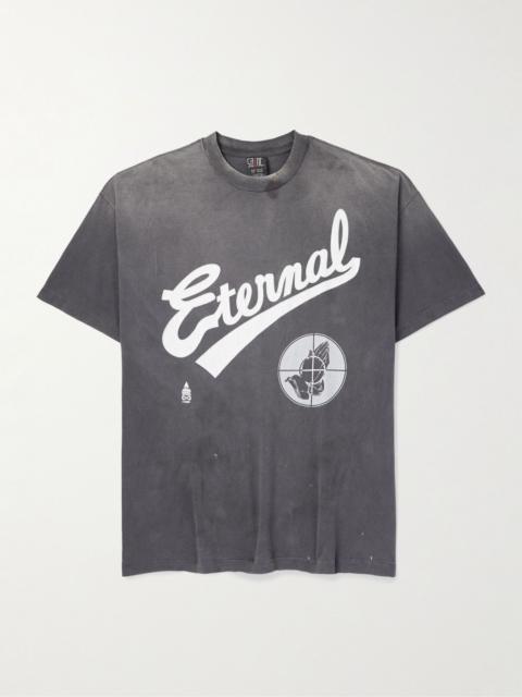 + Fear of God Distressed Printed Cotton-Jersey T-Shirt Black