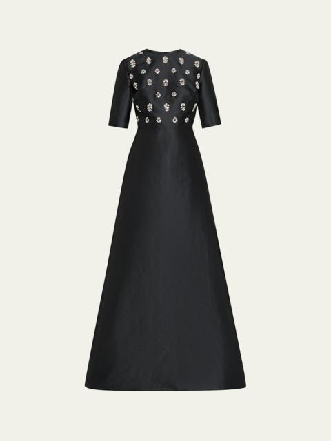 Embellished Mikado Silk Short-Sleeve Gown