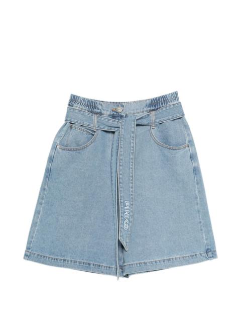 belted elasticated-waistband denim knee-length shorts