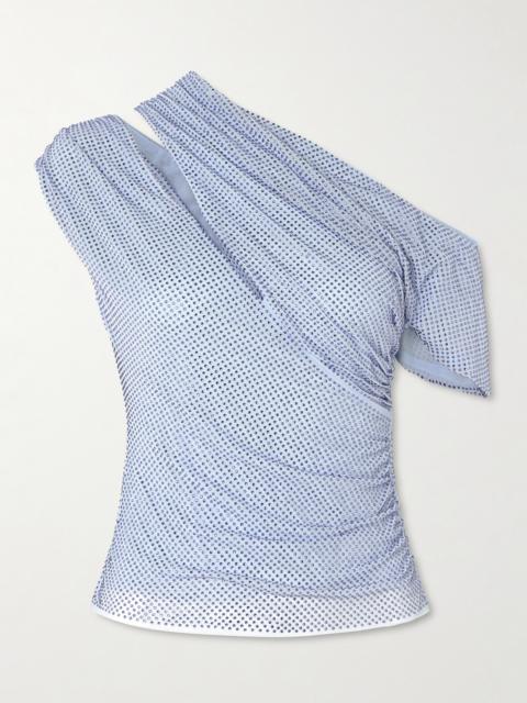 One-shoulder Asymmetric Crystal-embellished Mesh Top