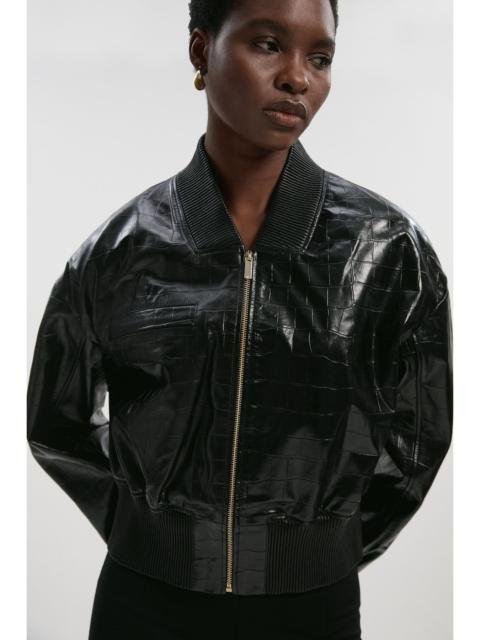 High Shine Croc Embossed Leather Bomber Jacket