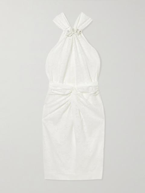 Embellished Ruched Lace Mini Dress