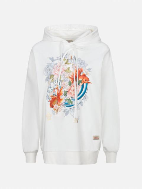 GOLDFISH AND FLORAL FLOW PRINT OVERSIZED HOODIE