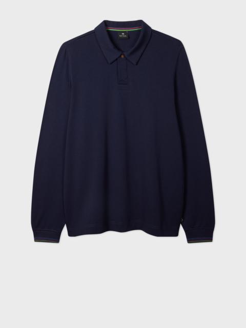 Navy Cotton-Modal Long-Sleeve Polo Shirt