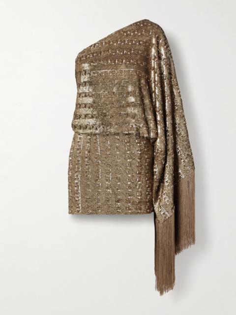 Eternity One-sleeve Fringed Sequined Satin Mini Dress