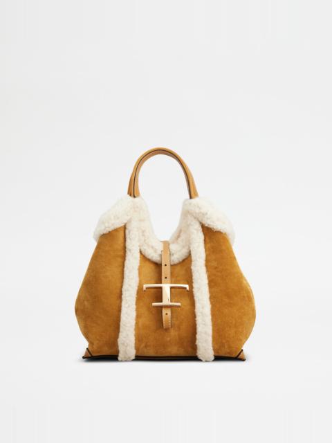 T TIMELESS SHOPPING BAG IN SUEDE MINI - BROWN, WHITE