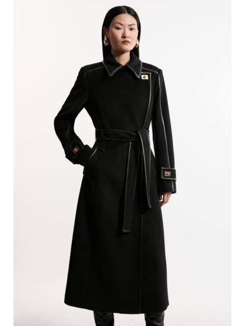Brushed Wool Pu Trim Belted Tailored Double Breasted Midi Coat