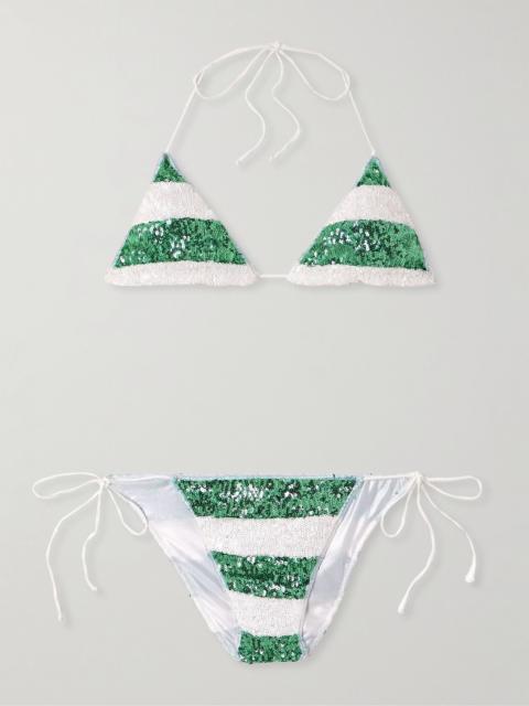 Lumière Candy striped sequined bikini Green