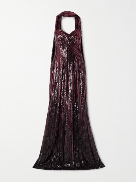 Strapless Scarf-detailed Sequined Tulle Gown