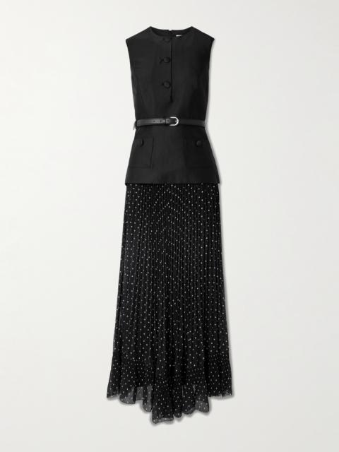 Belted Plissé Polka-dot Satin And Taffeta Midi Dress