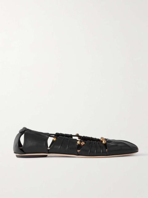 Luna cut-out embellished gathered leather ballet flats Black