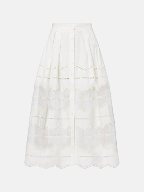 Organza-trimmed cotton midi skirt