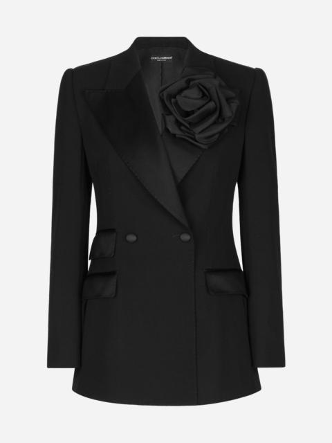 Double-breasted woolen jacket with flower appliqué