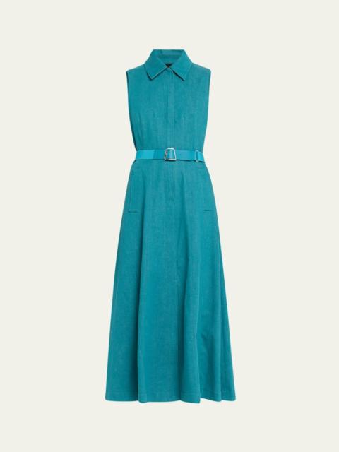 Sleeveless Belted Denim Midi Shirtdress