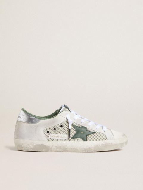 Women’s Super-Star in white suede and mesh with green leather star and silver foiled leather heel ta