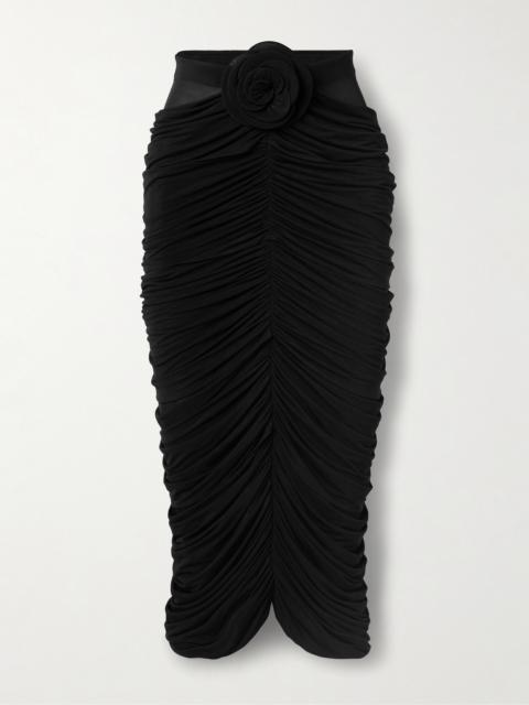 Appliquéd Ruched Stretch-jersey Midi Skirt