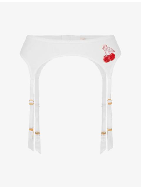 Perri Cherry-Embroidered Sheer-Tulle Suspenders