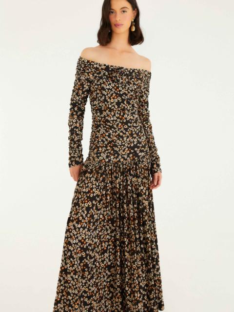 Black Tiny Flowers Long Sleeve Maxi Dress