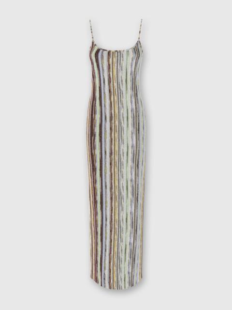 Long sleeveless dress in striped lamé slub viscose