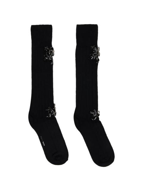 Black Embellished Rose Knee Socks