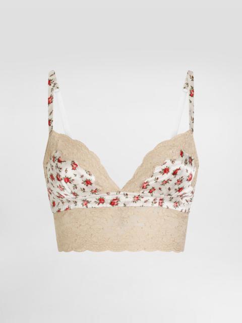Small rose-print satin and lace bra