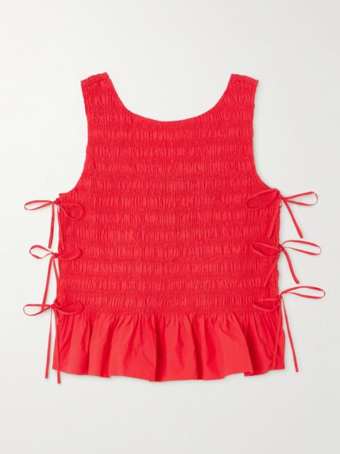Tie-detailed Ruffled Shirred Organic Cotton-poplin Tank