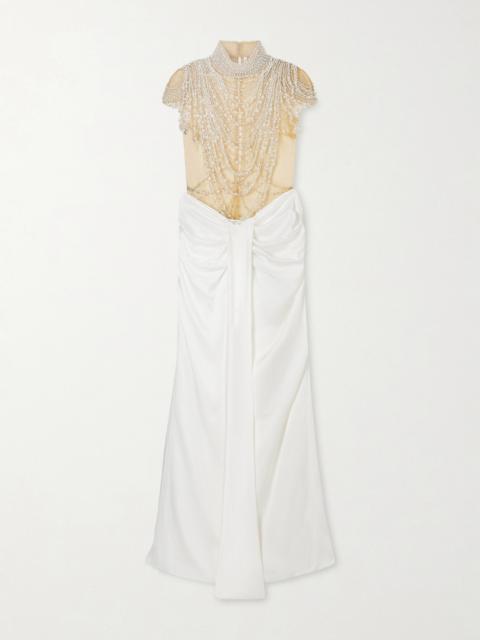 Zsa Zsa Draped Gathered Embellished Mesh And Satin Gown