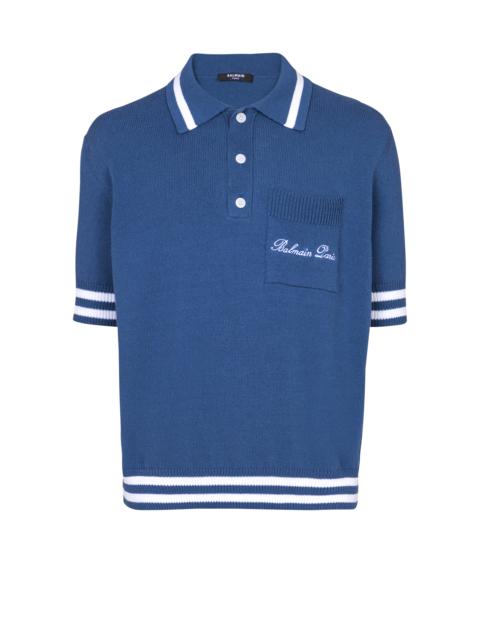 Cotton-linen polo shirt with Balmain Signature embroidery