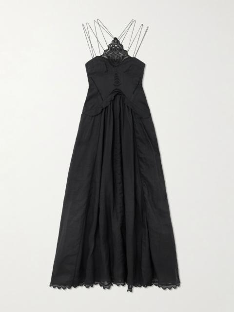 Lindy lace-trimmed embroidered ramie maxi dress Black