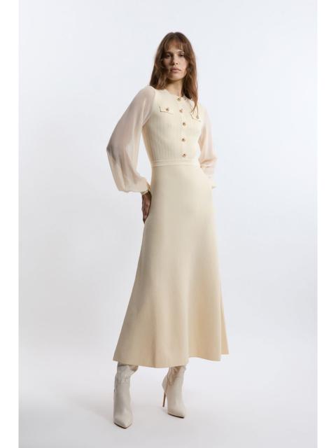 Viscose Blend Maxi Knit Dress With Chiffon Sleeve Military Trim