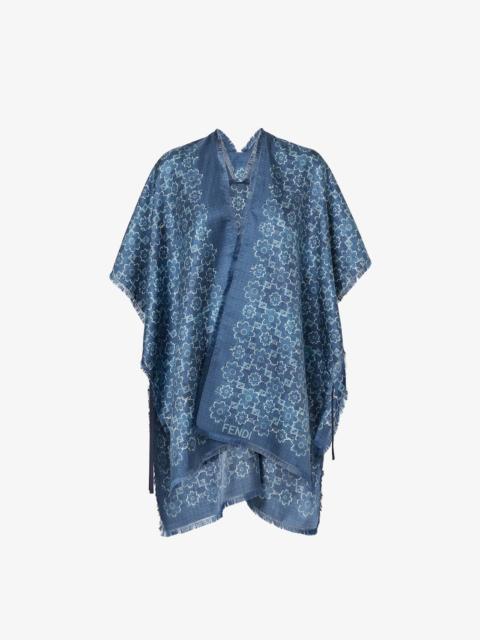 Poncho Blue denim-effect FF silk poncho