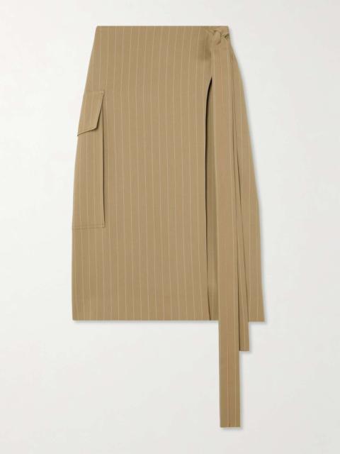 Tie-detailed pinstriped wool-twill midi wrap skirt