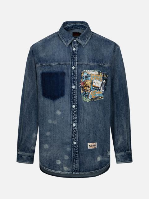 Lucky Slot Machine and Daruma Print Relax Fit Denim Shirt