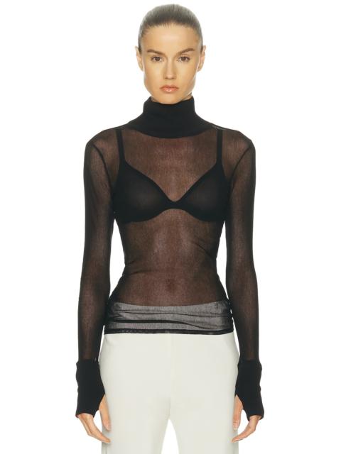 Cotton Mesh Cuffed Long Sleeve Turtleneck Sweater