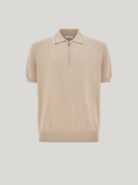 BEIGE GIZA COTTON POLO SHIRT WITH ZIPPER AND CONTRASTING PIPING