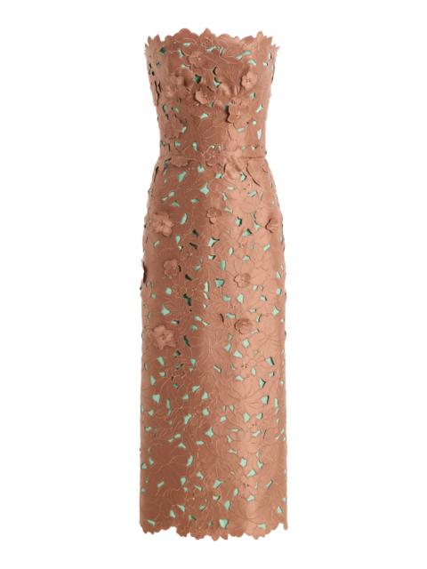 Zira Strapless Floral-Cut Lace Midi Dress brown