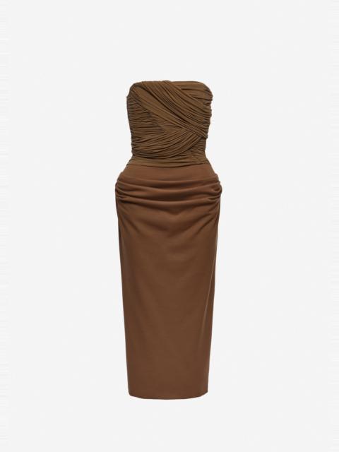 Strapless cupro and wool draped corset dress in brown