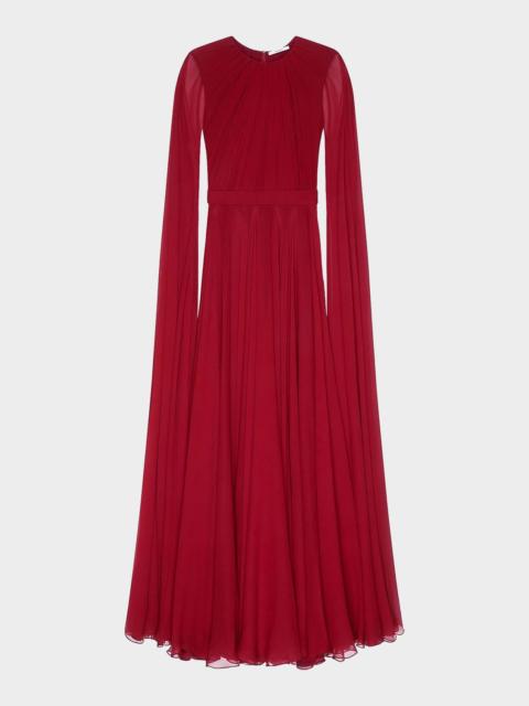 Silk Crepon Cape-Sleeve Maxi Dress