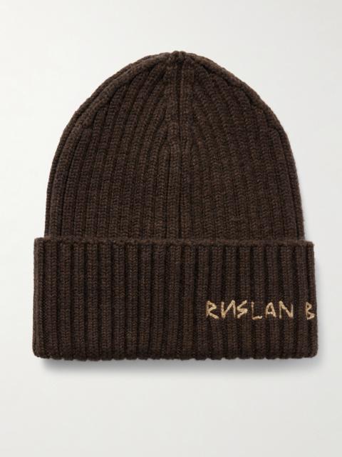 Embroidered Ribbed Merino Wool Beanie