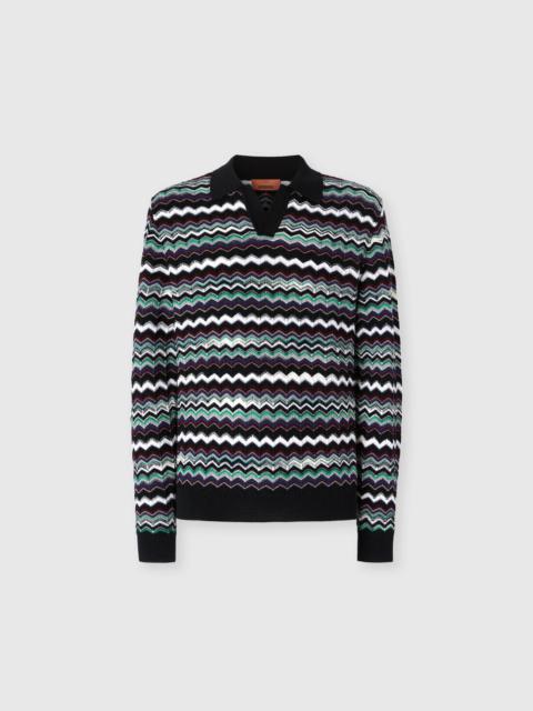 Long Sleeve Polo with V-Neck and Zigzag Pattern